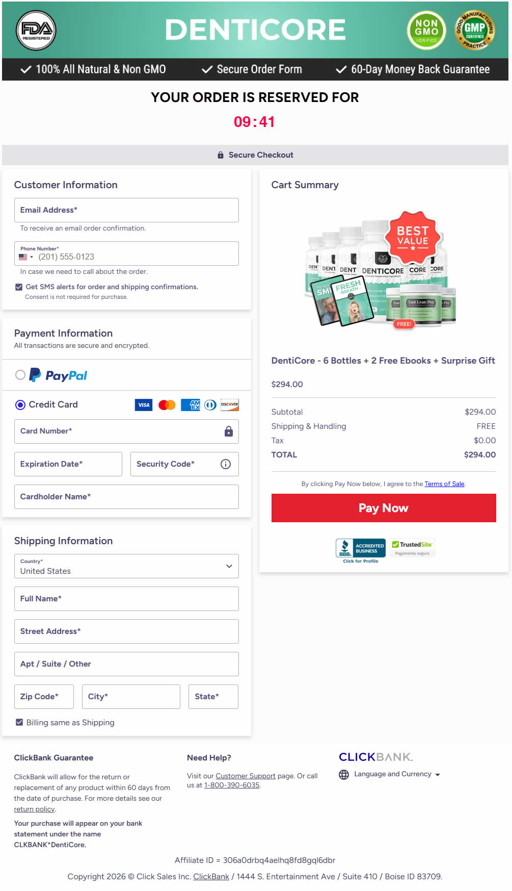 Denticore Order Checkout Page