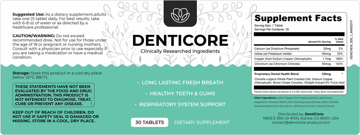 Denticore Supplement Facts Label